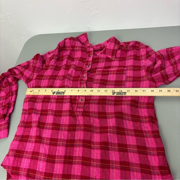 Anthropologie XS Women's Plaid Pink Red Flannel Gauze Shirt Button High Low - Picture 10 of 12